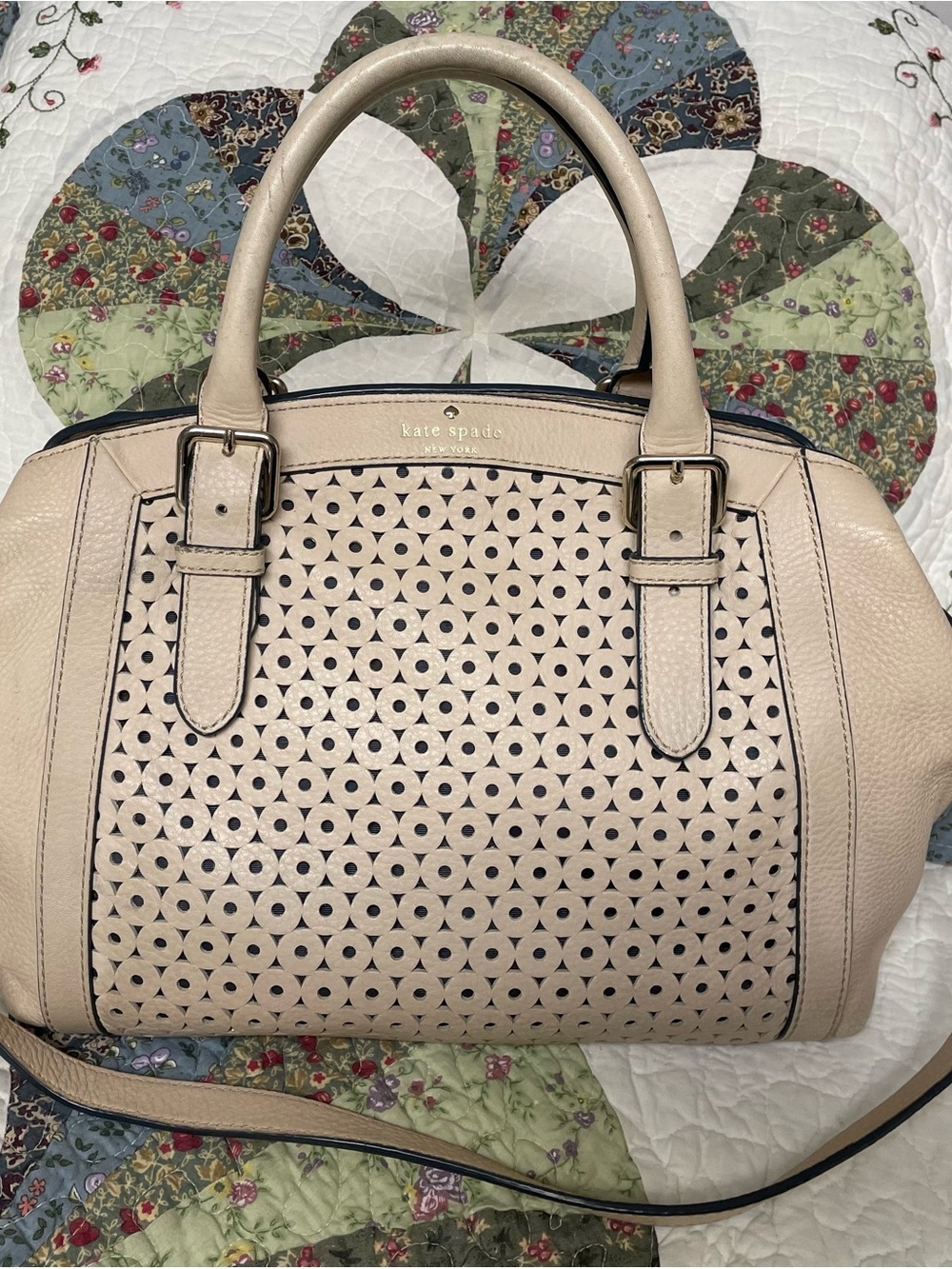 kate spade Perforated Leather Satchel in Light Beige